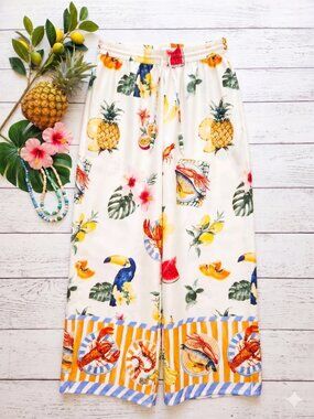 Bailey 44 Tropical Print Elastic-Waist Wide-Leg Pants